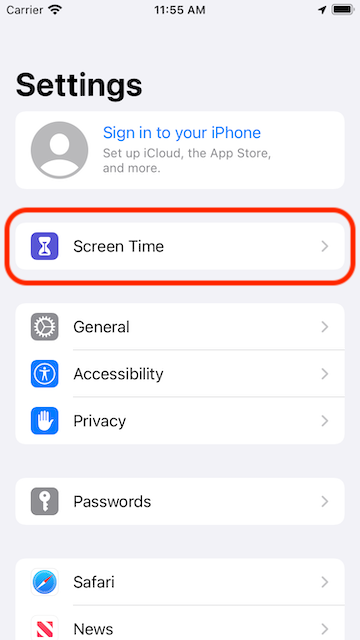 Settings->Screen Time
