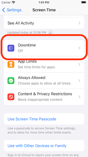 Open downtime screen