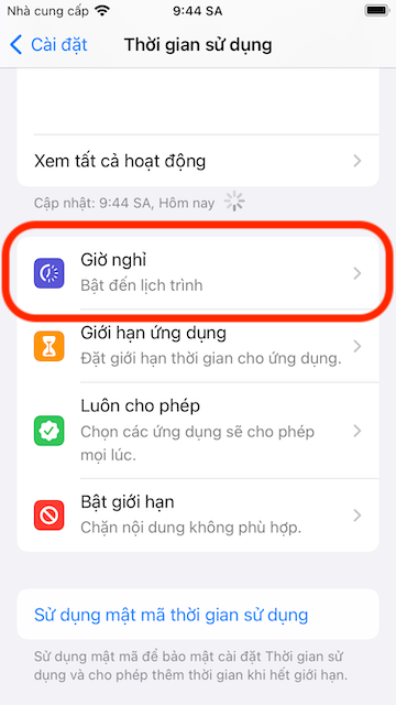 Open downtime screen
